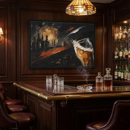 Framed abstract bar canvas print with beer glass and bottle silhouettes, black frame on wood wall