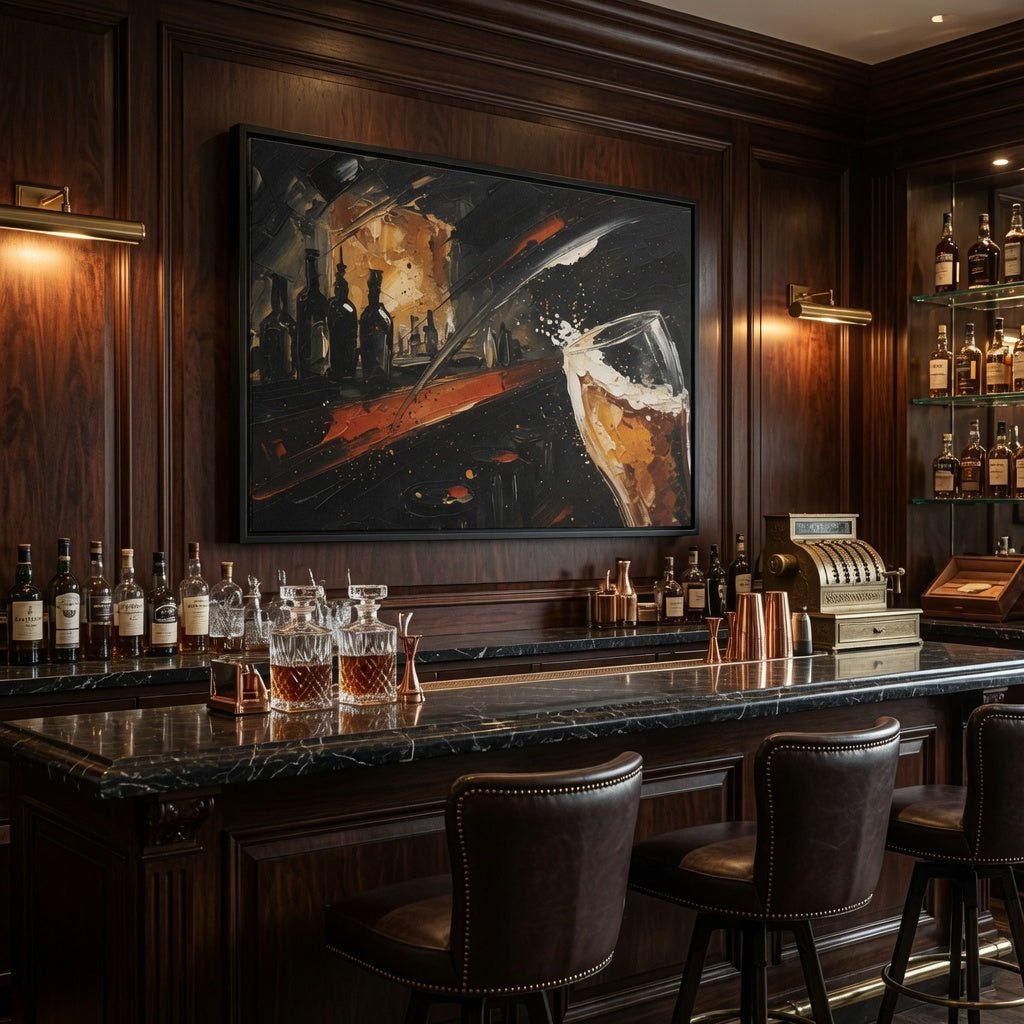 Framed abstract bar scene canvas with beer glass and bottle silhouettes, black frame above bar
