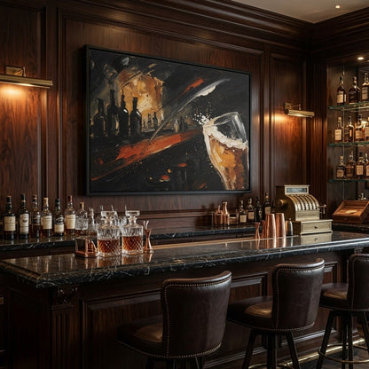 Framed abstract bar scene canvas with beer glass and bottle silhouettes, black frame above bar