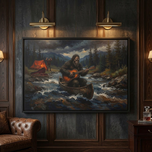 Black framed canvas print, sasquatch in canoe strumming an acoustic guitar near a tent.