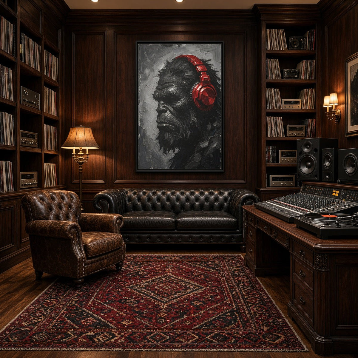 Framed canvas wall art of Bigfoot in grayscale with red over-ear headphones