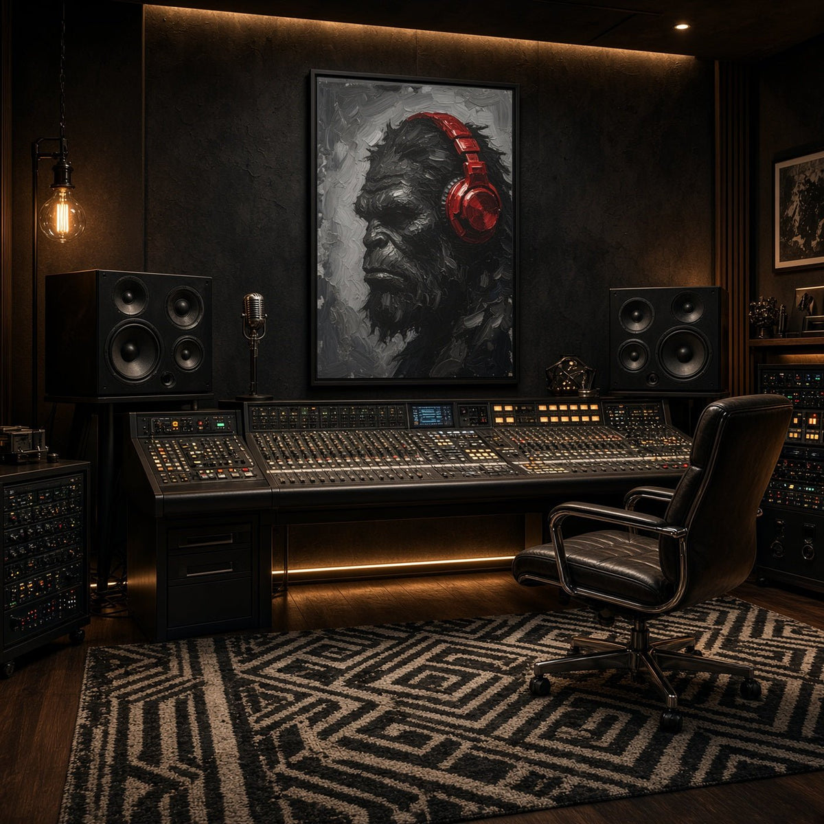 Framed canvas artwork showing Bigfoot in grayscale with red over-ear headphones
