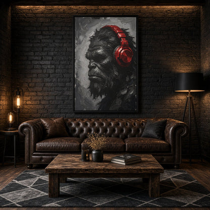 Framed canvas print of a grayscale Bigfoot profile with bold red over-ear headphones