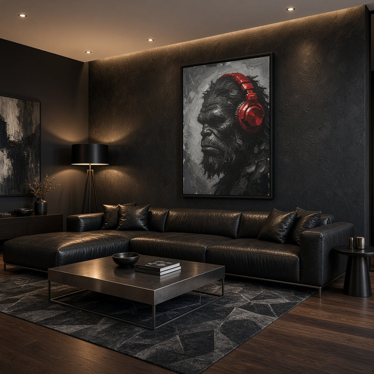 Framed canvas wall art featuring a monochrome Bigfoot face with bright red headphones