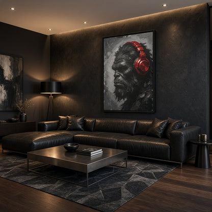 Framed canvas wall art featuring a monochrome Bigfoot face with bright red headphones