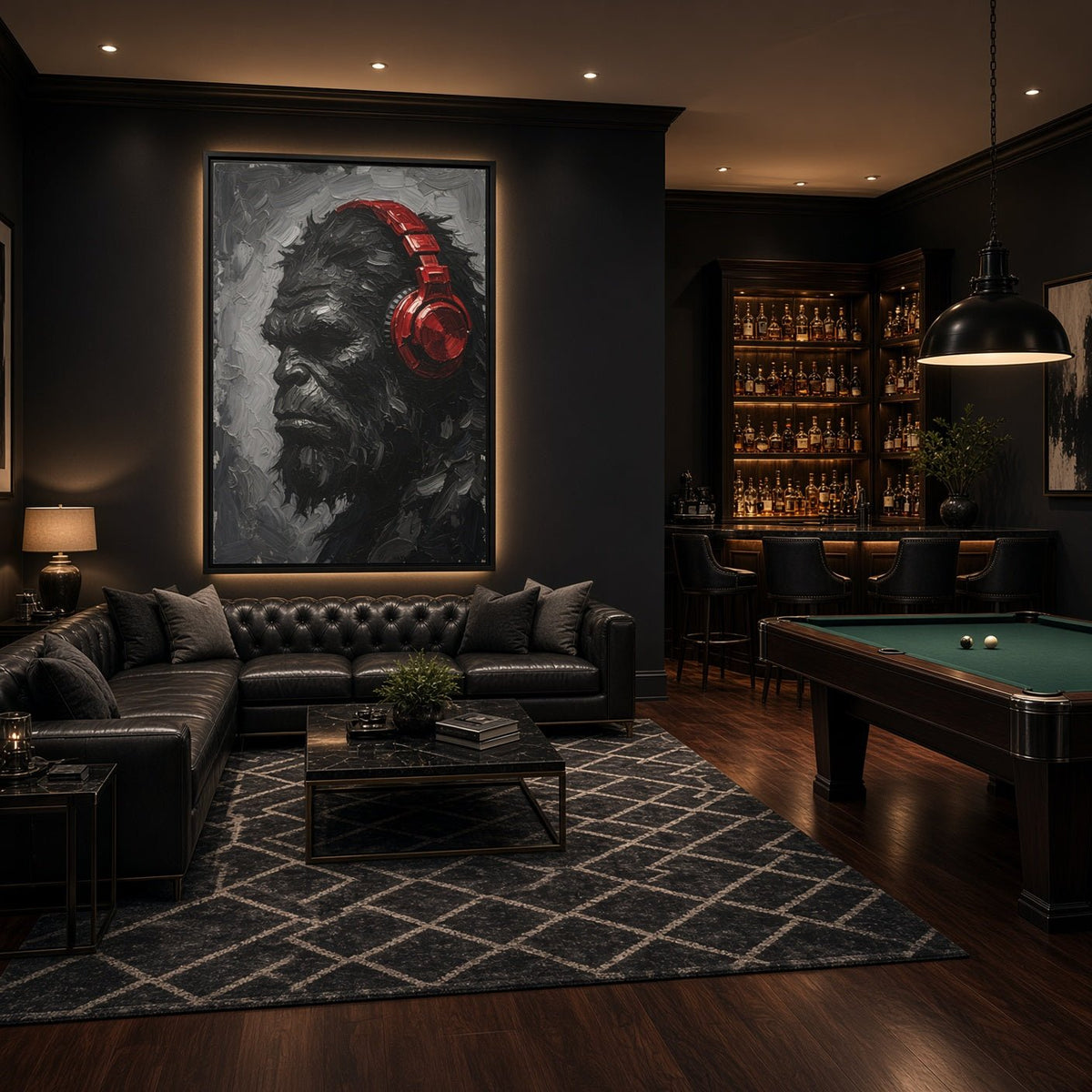 Framed canvas depicting a grayscale Bigfoot profile wearing red over-ear headphones