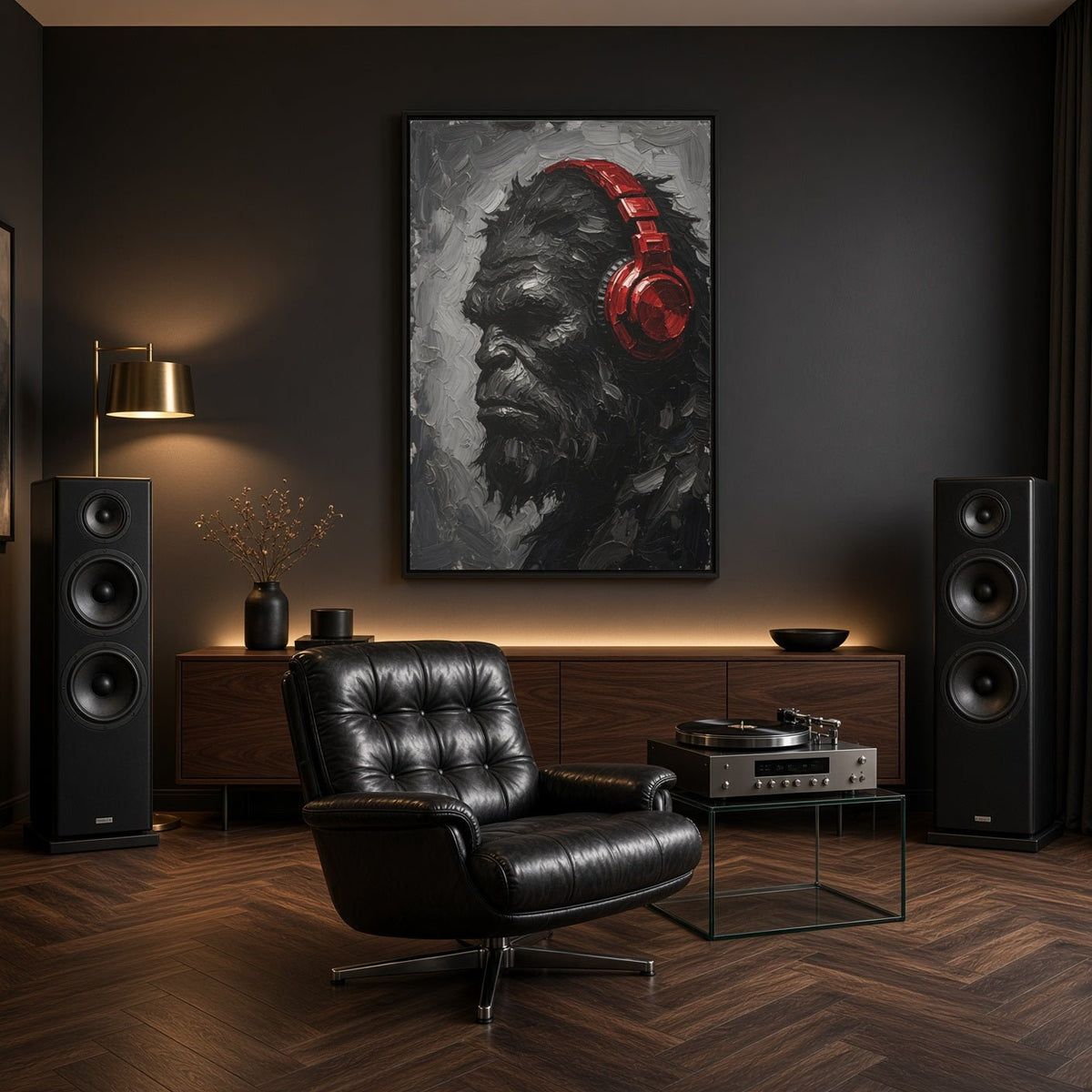 Framed canvas wall art with Bigfoot profile in grayscale and red over-ear headphones