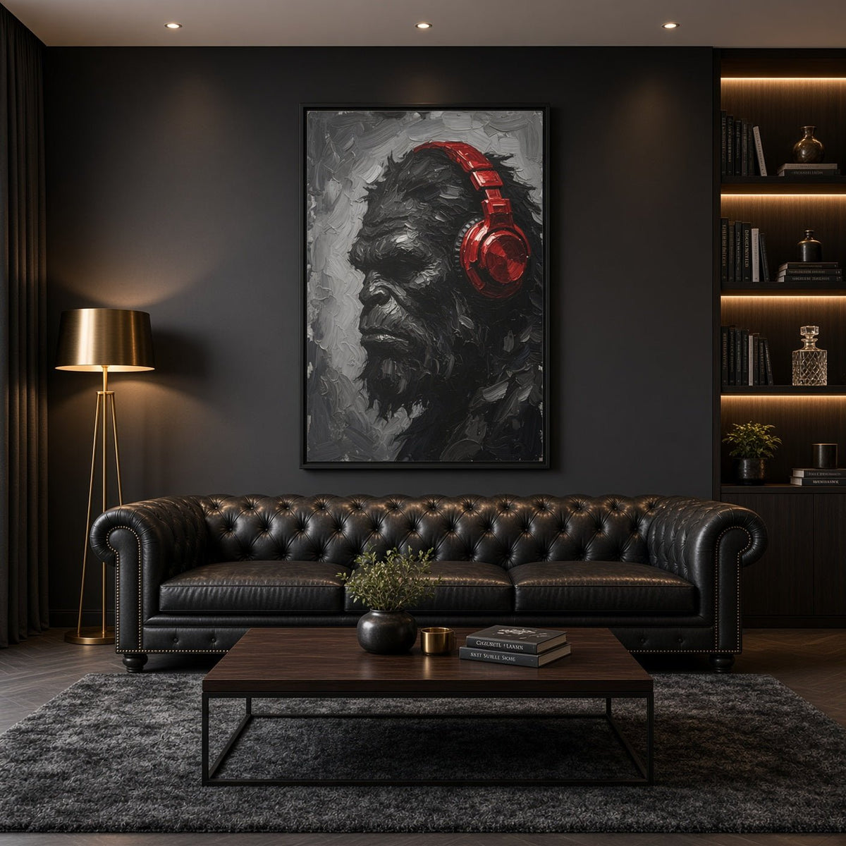 Framed canvas print wall art showing Bigfoot portrait with red over-ear headphones