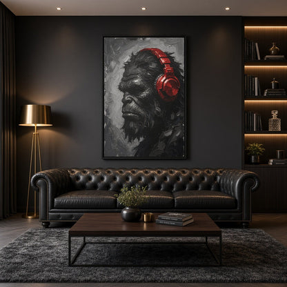 Framed canvas print wall art showing Bigfoot portrait with red over-ear headphones