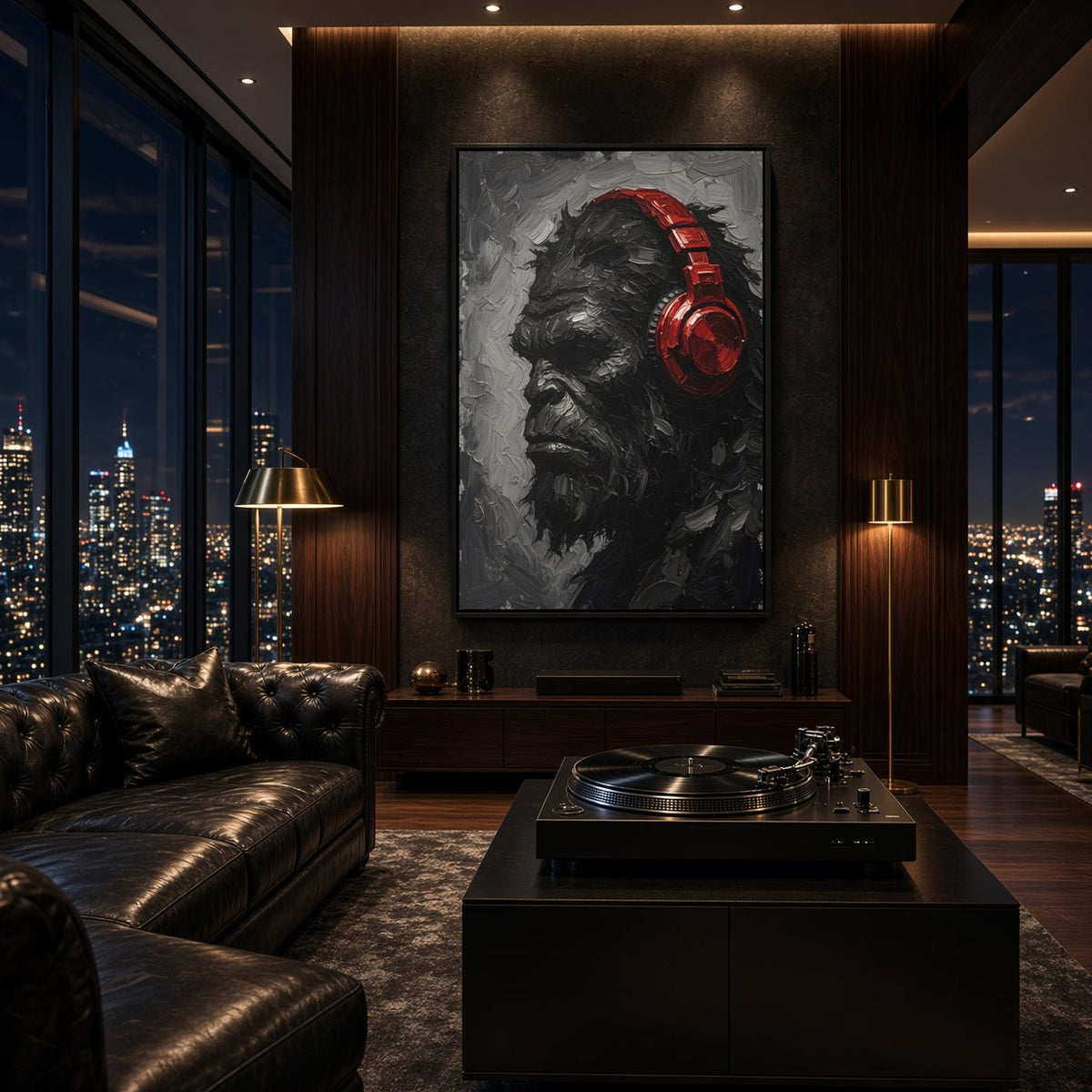 Framed canvas print mounted on wall: Bigfoot portrait with red over-ear headphones