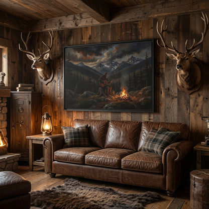 Framed canvas print of a Bigfoot guitarist playing by a campfire in the mountains