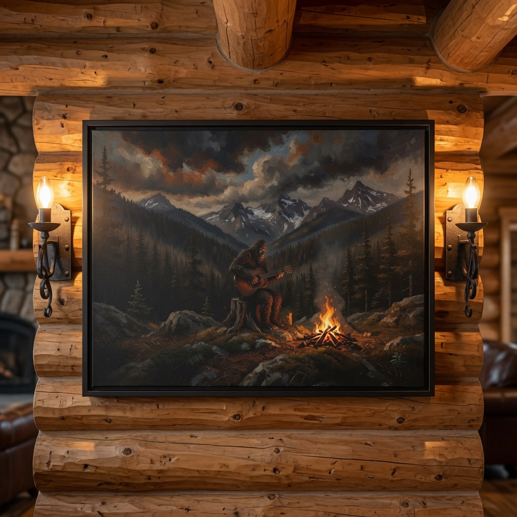 Framed canvas print showing a Bigfoot guitarist with a campfire beneath dark mountains