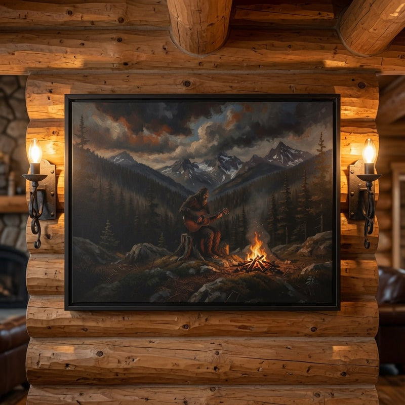 Black framed canvas print: Bigfoot guitarist by campfire in mountain forest