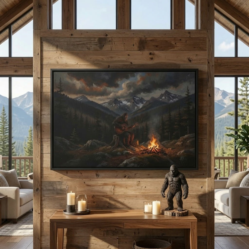 Black framed canvas print featuring Bigfoot guitarist by campfire with snowy hills
