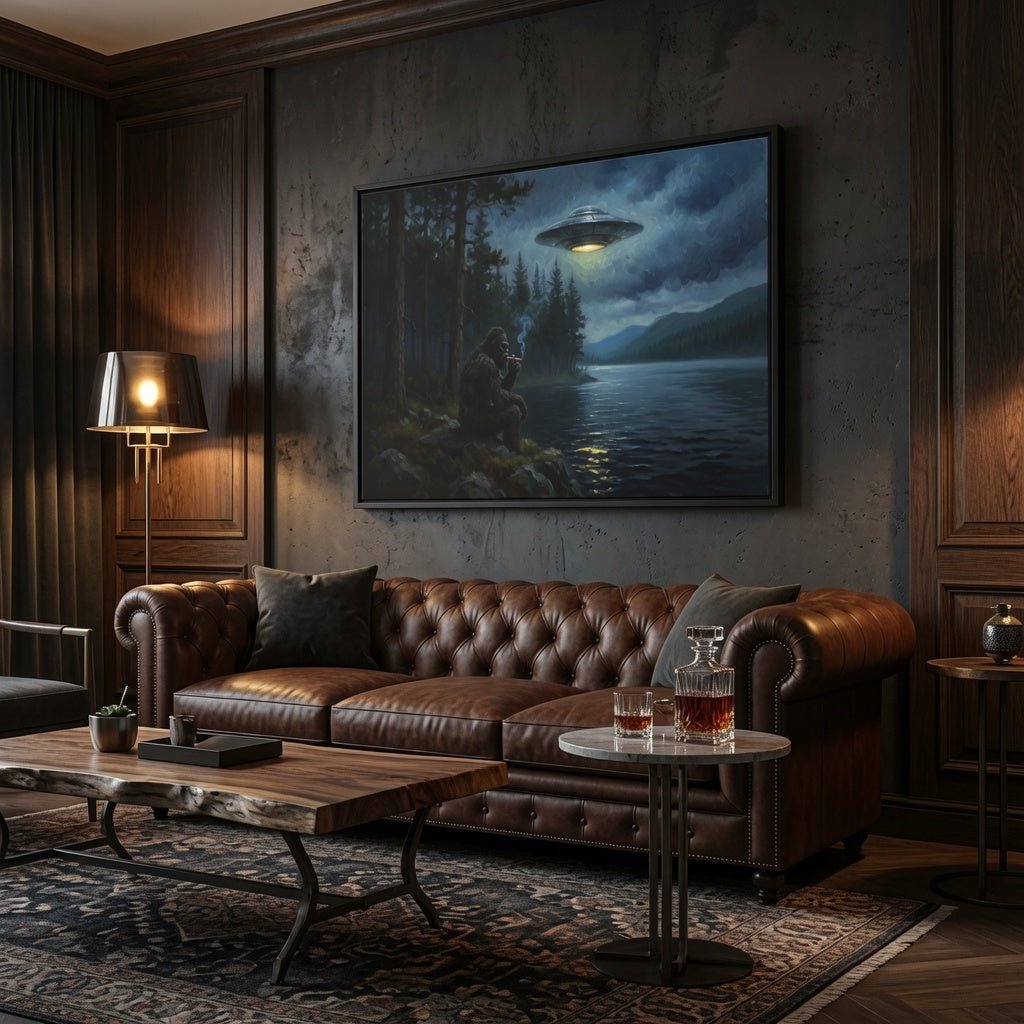 Framed matte canvas wall art with Bigfoot on rocky shore and a UFO hovering over water.