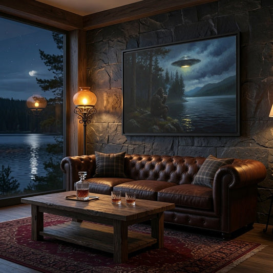 Framed matte canvas wall art featuring Bigfoot near the river with a glowing UFO in sky.