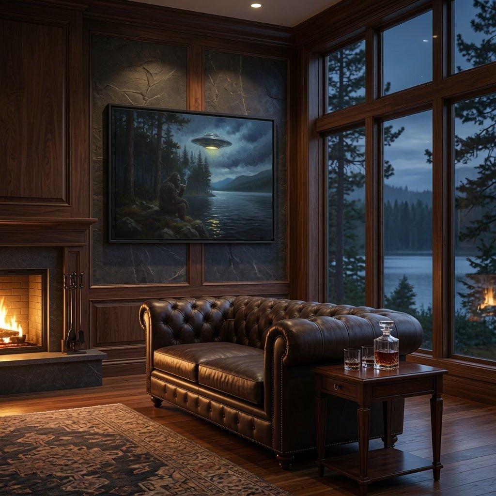 Framed matte canvas wall art with dark forest lakeside scene, Sasquatch, and UFO glow