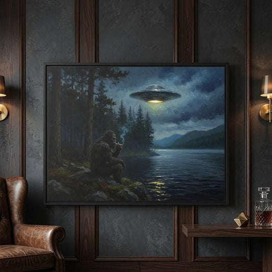 Framed matte canvas wall art featuring Sasquatch with smoke plume, and UFO hovering over lake