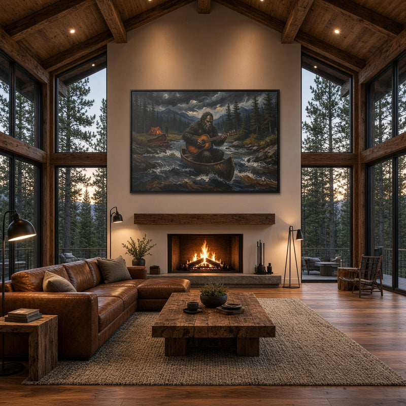 Framed canvas wall art featuring Bigfoot in a canoe over a river, wooded landscape