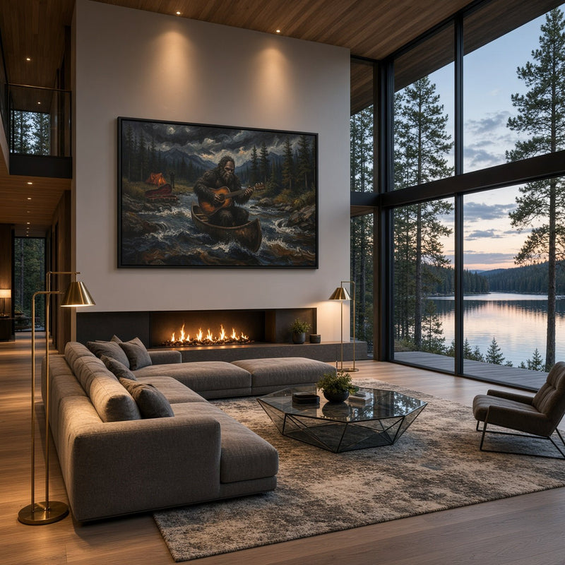 Framed canvas wall art of Bigfoot in a canoe on a river, surrounded by forest