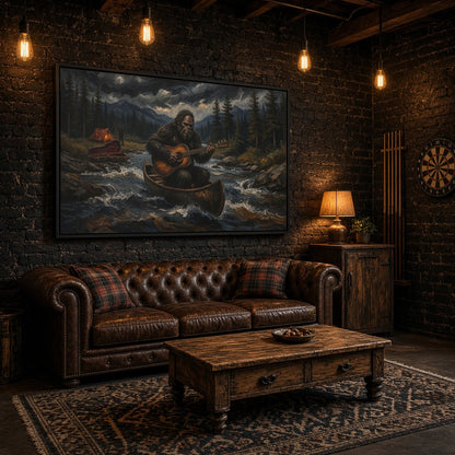 Framed canvas wall art of Bigfoot rowing a canoe on a river in a dark log cabin