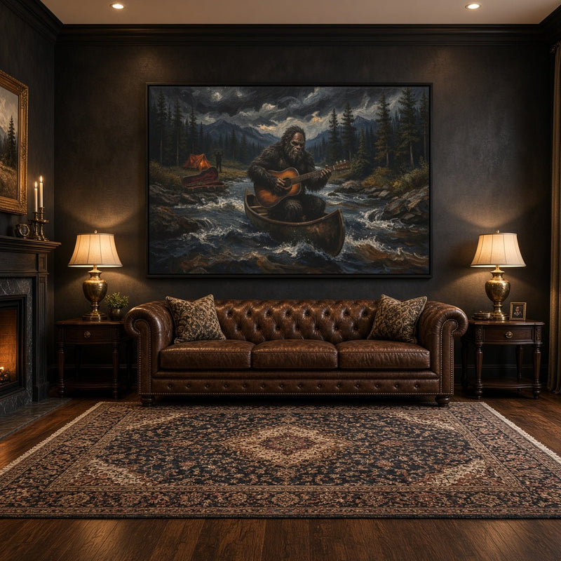 Framed canvas wall art showing Bigfoot in a canoe on a river amid trees and hills