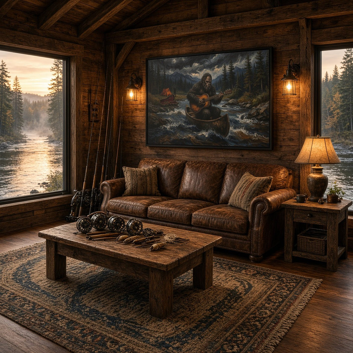 Framed canvas wall art of Bigfoot in a canoe on flowing water, forest scenery