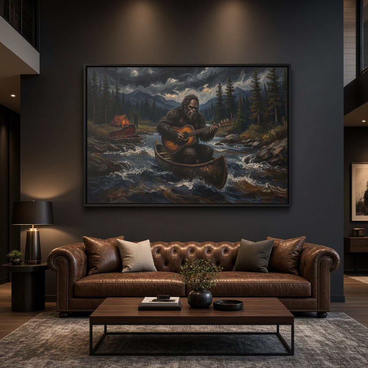 Framed canvas wall art featuring Bigfoot in a canoe on a river, forest background