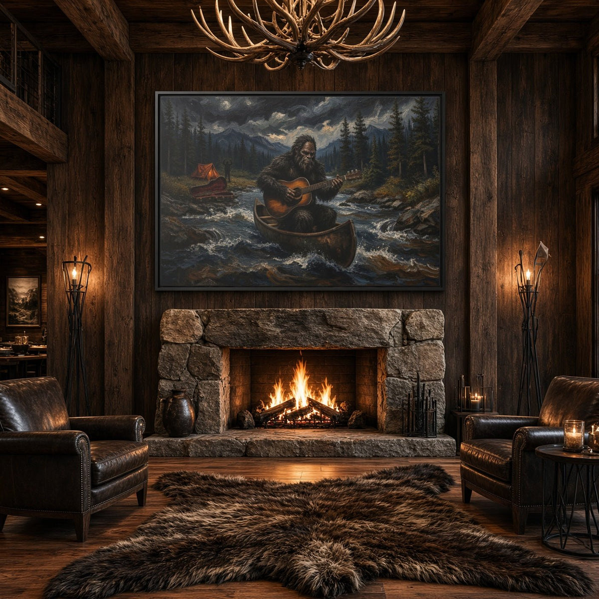 Framed canvas wall art of Bigfoot in a canoe on a river, woodland landscape scene