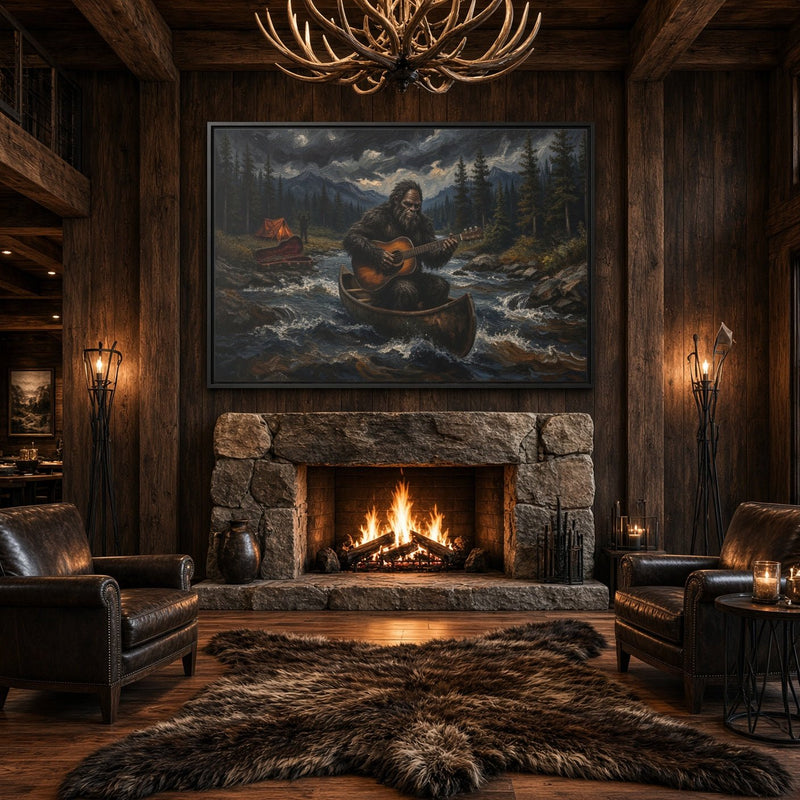 Framed canvas wall art of Bigfoot in a canoe on a river, woodland landscape scene