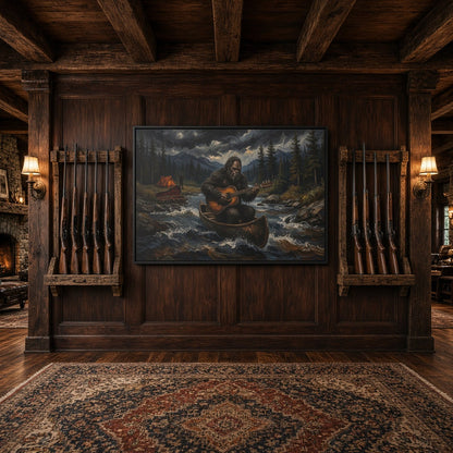 Framed canvas wall art with black border, Bigfoot rowing canoe and playing guitar on a river