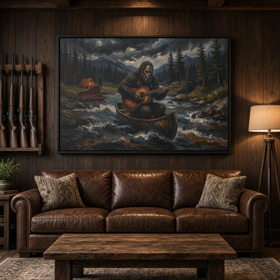 Framed canvas wall art, black frame showing Bigfoot in canoe with guitar on a forest river