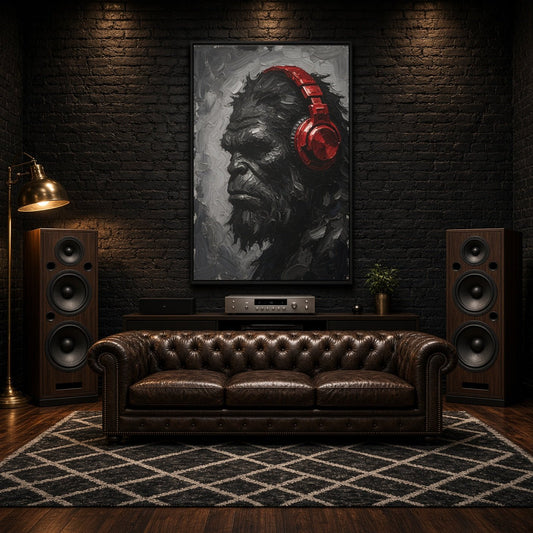 Framed canvas depicting a grayscale Bigfoot profile and red over-ear headphones