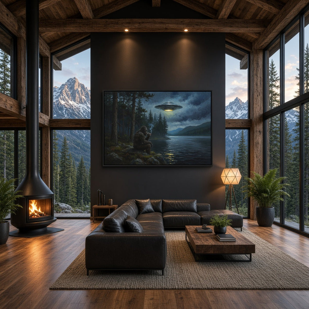 Black-framed Bigfoot and UFO canvas wall art in a mountain cabin living space.