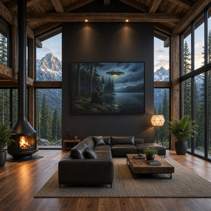 Black-framed Bigfoot and UFO canvas wall art in a mountain cabin living space.