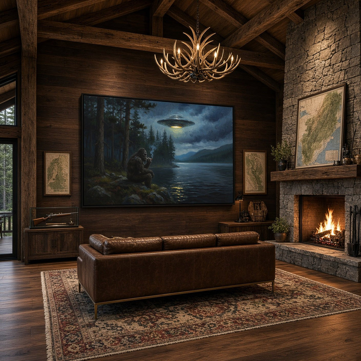 Black-framed Bigfoot and UFO canvas print on wood paneling near a fireplace.