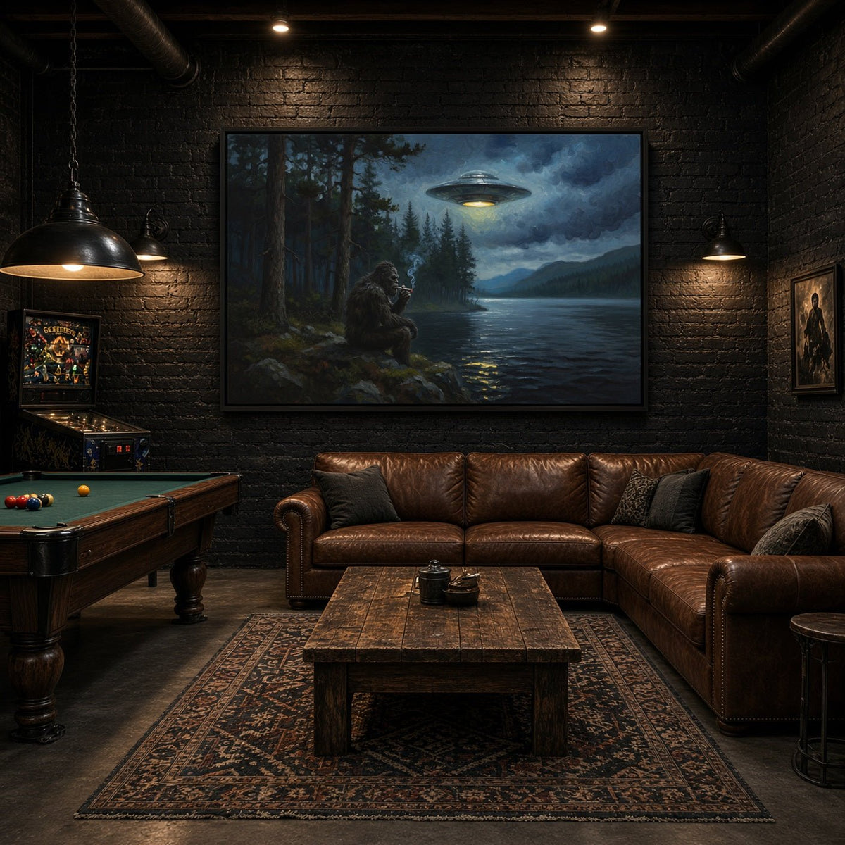 Black-framed Bigfoot and UFO canvas print over a leather sofa in a brick room.