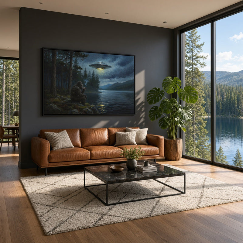 Black-framed Bigfoot and UFO canvas wall art above a brown sofa and rug.