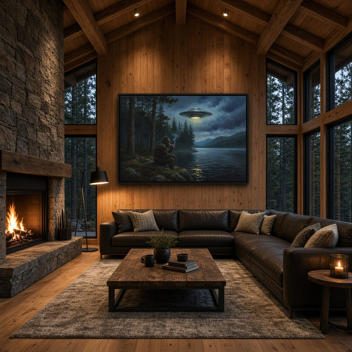 Black-framed Bigfoot and UFO canvas print on the main cabin wall.