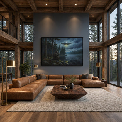 Black-framed Bigfoot and UFO canvas wall art above a corner sectional sofa.