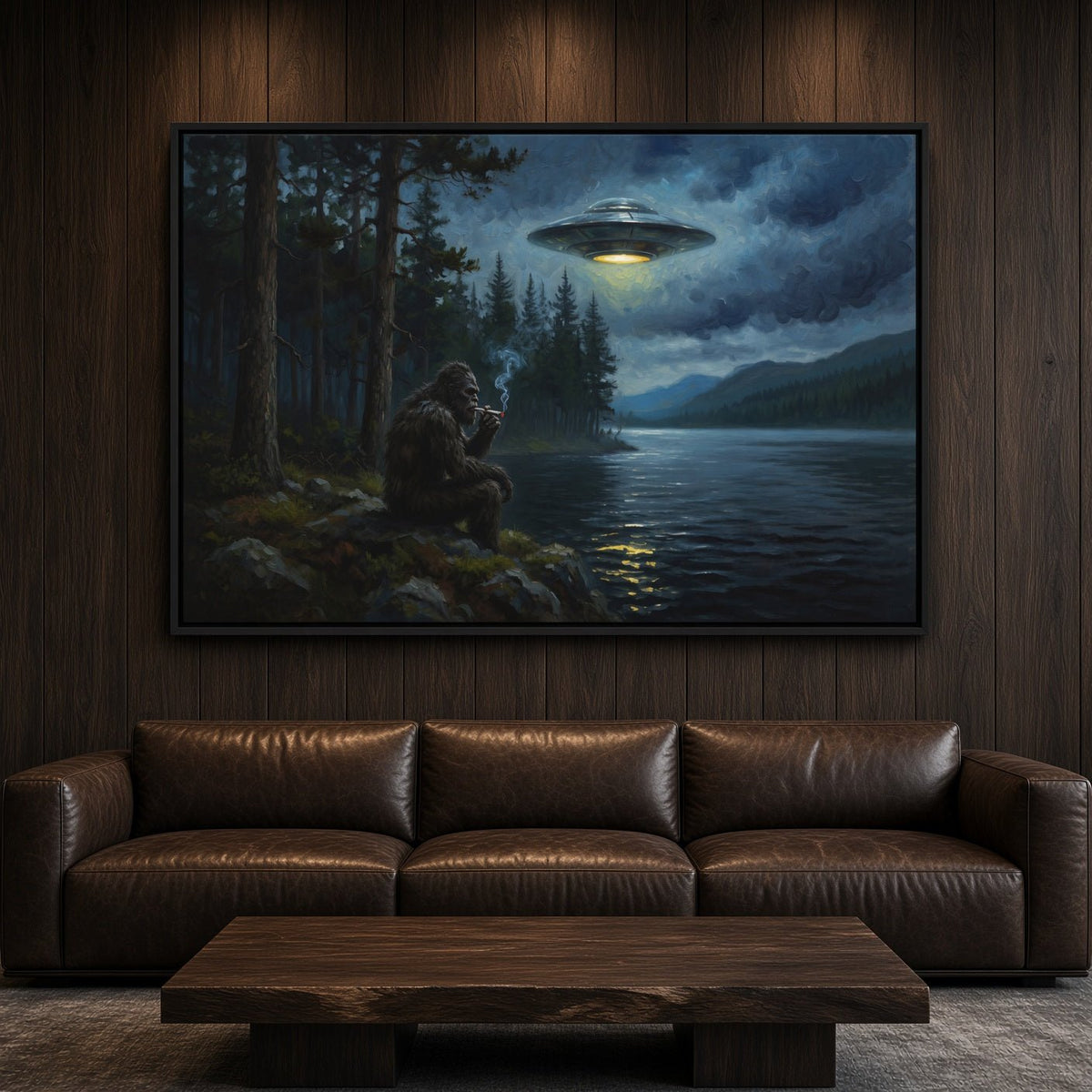 Black-framed Bigfoot and UFO canvas print, centered on a dark wood wall.