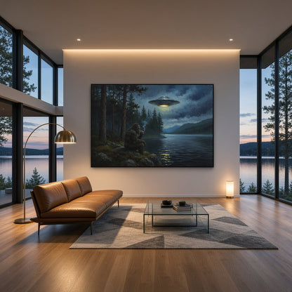 Black-framed canvas wall art with Bigfoot and a UFO over a lakeside night scene.