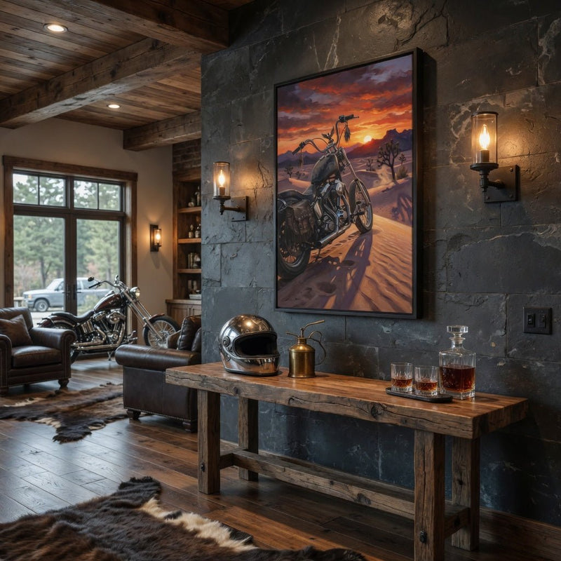 Black framed motorcycle canvas wall art with desert sunset scene featuring a parked bike.