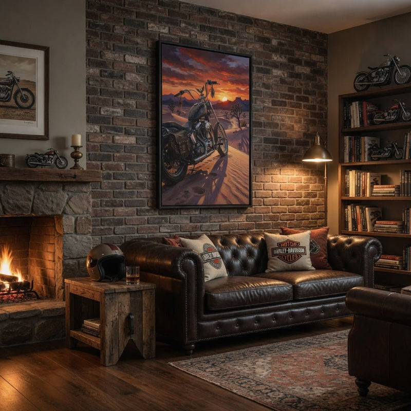 Framed motorcycle canvas wall art with black frame, desert sunset and road scene