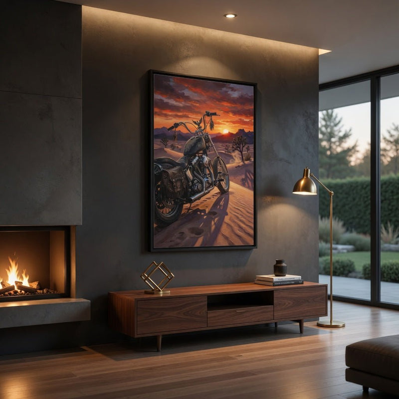 Black framed motorcycle wall art print on a wall, desert sunset with motorcycle in view.
