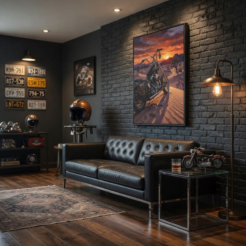 Framed motorcycle wall art, black frame, desert sunset with motorcycle on sand path
