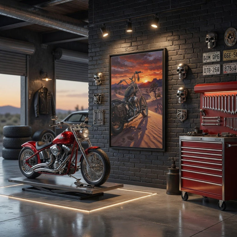 Framed motorcycle canvas print with black frame, desert sunset and angled bike view