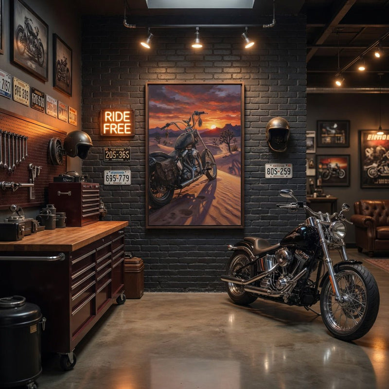Framed motorcycle wall art with black frame, desert sunset sky and front of motorcycle