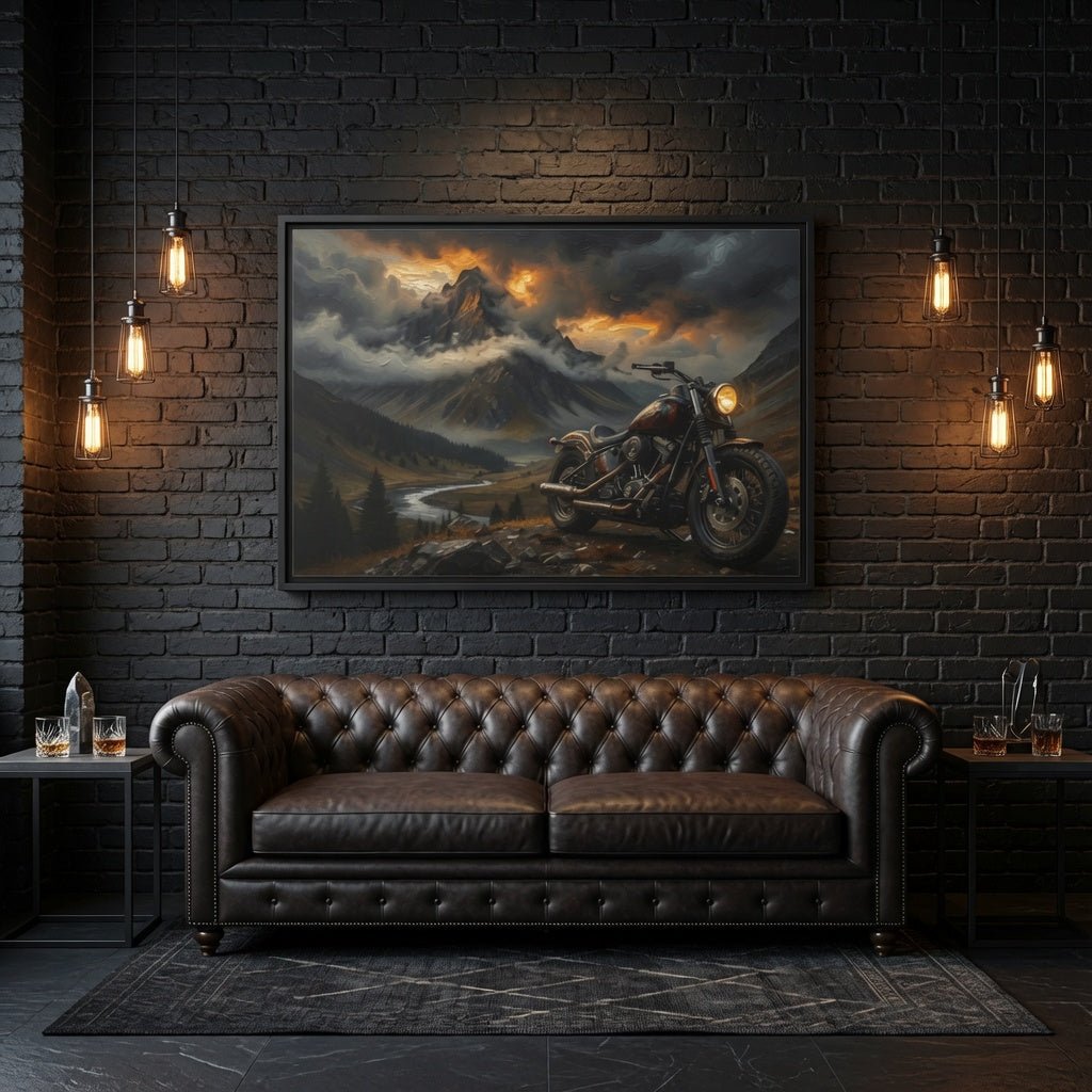 Framed matte canvas motorcycle landscape wall art with a dark sky and bright clouds