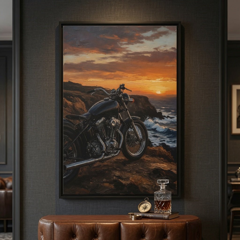 Framed canvas print with black frame featuring a motorcycle at sunset on a rocky coastline